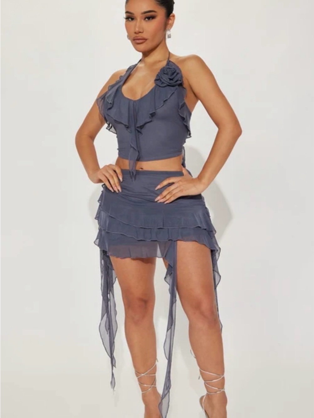 Fashion Nova set BRAND BEW Ruffled Halter Mini Skirt in Slate Blue